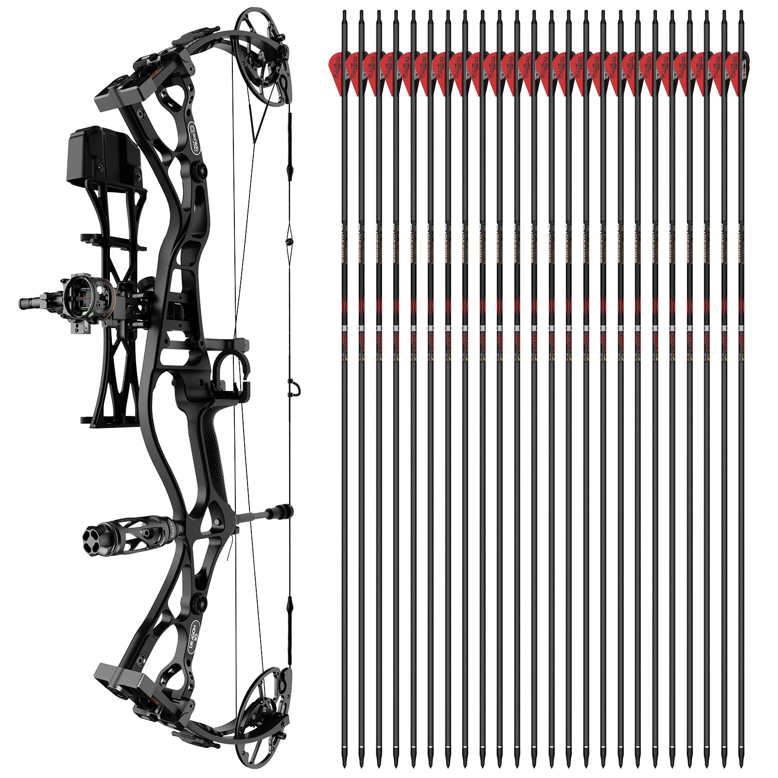 Sanlida Dragon 10 Flagship Hunting Compound Bow Kit (Medium Cam 27"-30", Black, 60-70lbs) + 100% Pure Carbon Arrows (430